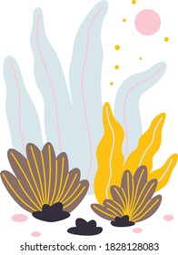 Ocean bottom, corals reefs, seaweed. Abstract style. Pastel background. Vector flat abstract illustration of an underwater landscape in a cartoon style. Nursery banner of the underwater.
