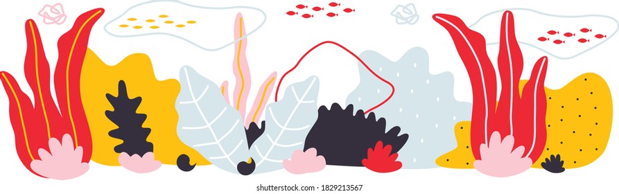 Ocean bottom, corals reefs, seaweed. Bright background. Vector abstract illustration of an underwater landscape in a cartoon style. Big horizontal banner of the underwater. All elements are isolated.