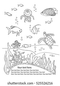 Ocean bottom frame. Coloring book page in doodle stile. Marine inhabitants, hand draw sketch.