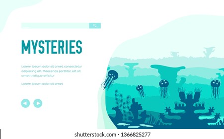 Ocean bottom with jellyfish, sargassum, coral reefs, algae. Secrets and mysteries of underwater world. Vector design, template for ecology, scuba diving projects. Place for text, copy space.