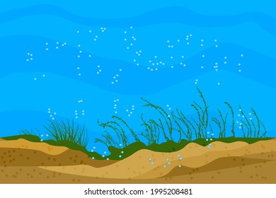 Ocean bottom landscape. Underwater background with grass silhouettes and shiny air bubbles. Undersea empty cartoon scene. Deep ocean seascape. Tropical marine scenery. Stock vector illustration