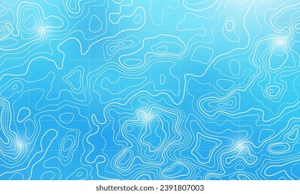 Ocean bottom topographic line map curvy wave isolines vector illustration. Sea depth topographic landscape surface for nautical radar readings. Cartography texture abstract banner relief ocean floor.