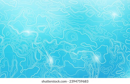 Ocean bottom topographic line map curvy wave isolines vector illustration. Sea depth topographic landscape surface for nautical radar readings. Cartography texture abstract banner relief ocean floor.