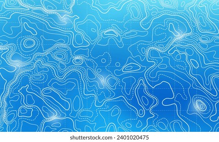 Ocean bottom topographic line map curvy wave isolines vector illustration. Sea depth topographic landscape surface for nautical radar readings. Cartography texture abstract banner relief ocean floor.