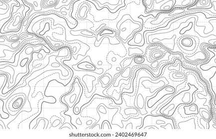 Ocean bottom topographic line map curvy wave isolines vector illustration. Sea depth topographic landscape surface for nautical radar readings. Cartography texture abstract banner relief ocean floor.