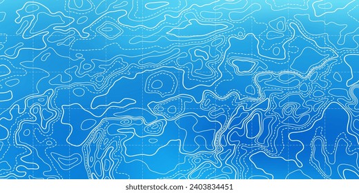 Ocean bottom topographic line map curvy wave isolines vector illustration. Sea depth topographic landscape surface for nautical radar readings. Cartography texture abstract banner relief ocean floor.