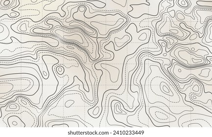 Ocean bottom topographic line map curvy wave isolines vector illustration. Sea depth topographic landscape surface for nautical radar readings. Cartography texture abstract banner relief ocean floor.