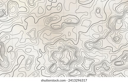 Ocean bottom topographic line map curvy wave isolines vector illustration. Sea depth topographic landscape surface for nautical radar readings. Cartography texture abstract banner relief ocean floor.