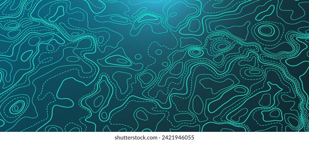Ocean bottom topographic line map curvy wave isolines vector illustration. Sea depth topographic landscape surface for nautical radar readings. Cartography texture abstract banner relief ocean floor.