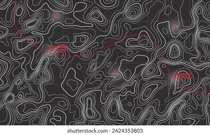 Ilustración vectorial de isolíneas de onda curva de mapa topográfico inferior del océano. Superficie de paisaje topográfico de profundidad del mar para lecturas de radar náutico. Cartografía textura abstracta banner relieve fondo del océano.