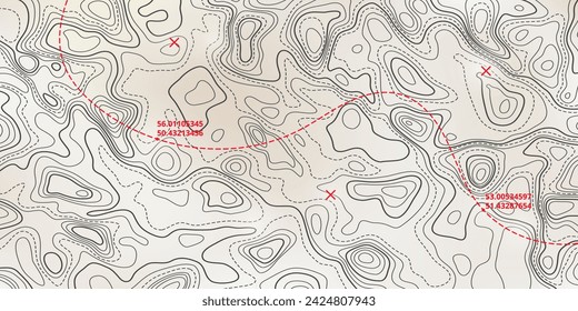 Ocean bottom topographic line map curvy wave isolines vector illustration. Sea depth topographic landscape surface for nautical radar readings. Cartography texture abstract banner relief ocean floor.