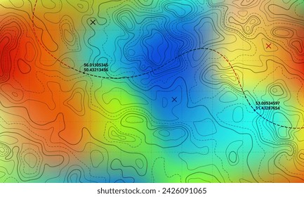 Ocean bottom topographic line map curvy wave isolines vector illustration. Sea depth topographic landscape surface for nautical radar readings. Cartography texture abstract banner relief ocean floor.