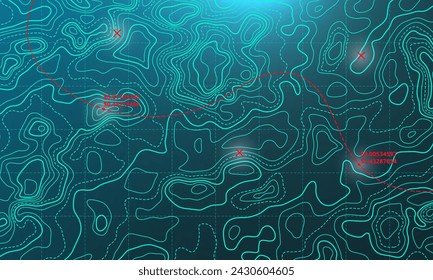 Ocean bottom topographic line map curvy wave isolines vector illustration. Sea depth topographic landscape surface for nautical radar readings. Cartography texture abstract banner relief ocean floor.