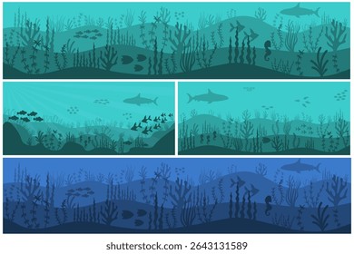 Ocean bottom vector illustration with coral, algae, and wild marine animals. Deep underwater environment with tropical fish, natural landscape, and undersea light scene.