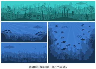 Ilustração do vetor de fundo oceânico com coral, algas e animais marinhos selvagens. Ambiente subaquático profundo com peixes tropicais, paisagem natural e cena de luz submarina.