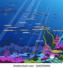 ocean bottom. vector illustration of marine plants and fish. colored corals and sea urchins