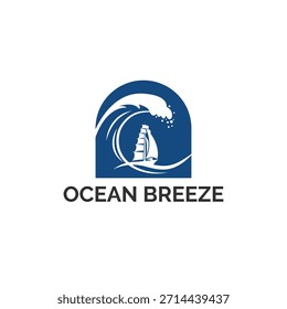 Logotipo de Ocean Breeze con un velero clásico que navega por una estilizada ola azul dentro de un arco