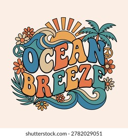 Ocean breeze retro typography with palm tree waves flowers peace signs typography peace sign illustration tropical vacation background celebration laidback peaceful sunshine creative