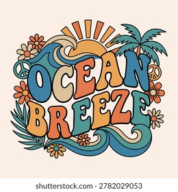Ocean breeze retro typography with palm tree waves flowers peace signs typography peace sign illustration tropical vacation background celebration laidback peaceful sunshine creative