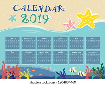 Ocean Calendar vector for New year 2019. twelve month calendar in one.