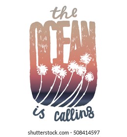 the ocean is calling sunrise gradient palm lettering print. surfing print. travel print.