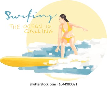 El Océano es Llamar texto con las ilustraciones del vector Surfer y de Dibujo manual de ondas.