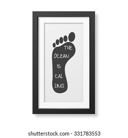 The ocean is calling - Typographical background in realistic square black frame on white background. Vector EPS10 illustration. 