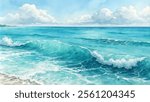 The ocean is calm and blue, with a few clouds in the sky. The waves are small and gentle, creating a peaceful atmosphere