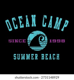 Ocean Camp Summer Beach Since 1998 slogan. Vintage vector illustration with grunge wave symbol and distressed text isolated on black background for surf apparel.