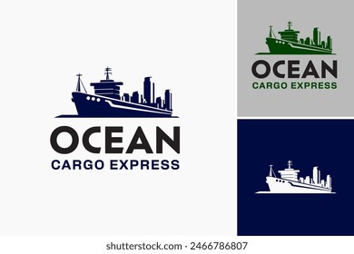 Logotipo de Ocean Cargo Express Ship: un buque de carga aerodinámico que navega a través de las olas del océano, simbolizando la eficiencia y el envío global. Perfecto para empresas de logística o empresas marítimas.