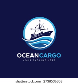 Ocean Cargo Logistics Logo Design for ocean freight and maritime logistics company, featuring a cargo ship silhouette, ocean waves, and a compass rose icon in a circular badge. Ideal for international shipping, global trade, and marine transportation businesses.