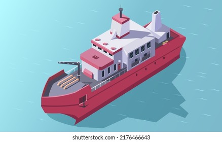 Ocean cargo transport ship isometric. Sea vessel type 3d. Logistic ship. Water shipment crane container. Vector illustration