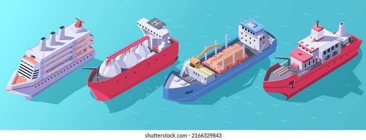 Buques de transporte marítimo de carga isométricos. Tipo de buque marítimo 3d. Iconos de barco logístico. Navegador de crucero marino. Exportación de petrolero. Barcaza de importación de gas. Ilustración vectorial de la grúa de transporte de agua