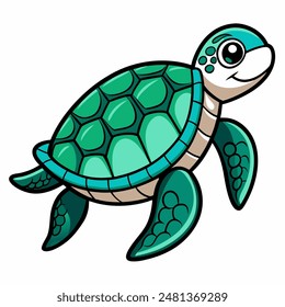 In the ocean, a cheerful sea turtle cartoon swims around joyfully