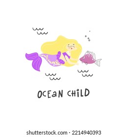 "Ocean child" vector handwritten phrase. Cute image of a little mermaid on a transparent background