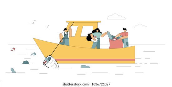 Ocean clean up. Volunteers clean the sea, the ocean is garbage. Flat men float in a boat to clean up and collect garbage, solid waste, plastic, polyethylene on the surface of the water. Vector