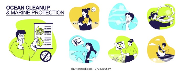 Ocean cleanup and marine protection concept set for web design. Collection with people researching sea ecosystem, gathering plastic trash in water, saving dolphins and wildlife. Vector illustration.