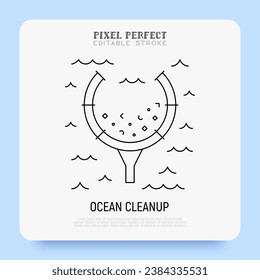 Limpieza oceánica, salva nuestro icono de delgada línea oceánica. Basura en el océano. Trazo editable. Ilustración vectorial.
