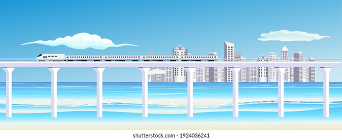 Ocean coast, bridge in the ocean and train, city buildings on coast, vector landscape