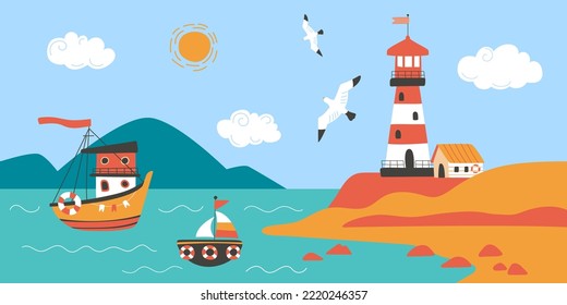 Ocean coast cartoon landscape. Ship and sailboat in sea, flying seagulls and lighthouse on ground. Scandinavian childish classy vector background, marine adventures