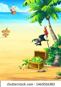 Ocean coast with a chest, parrot, palm tree, pirate ship. Creative design for print summer cards, invitations, brochures posters Vector illustration