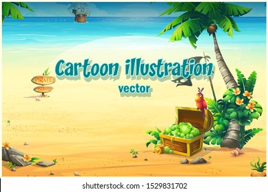 Ocean coast with a chest, parrot, palm tree, pirate ship. Creative design for print summer cards, invitations, brochures posters Vector illustration