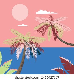 Ocean coast. Chill vibes. Palms and ocean. Marine vector landscape. 