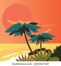 Ocean coast. Chill vibes. Palms and ocean. Marine vector landscape. 