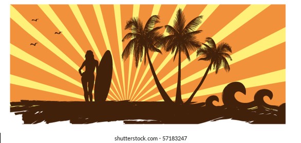 ocean coast and girl with a surf
