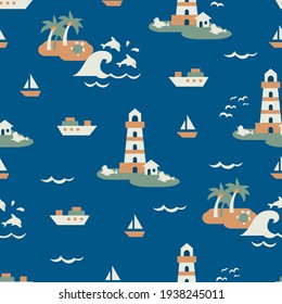 Ocean and Coast Lighthouse Vector Graphic Illustration Seamless Pattern can be use for background and apparel design