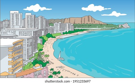 Ocean coast, sand beach, city.