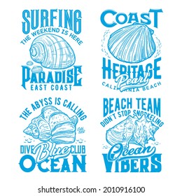 Ocean coast seashells retro t-shirt prints. Surfing, scuba diving and snorkeling club, summer vacation clothing, sketch vector print with calico scallop mollusc, South African turban and conch shell