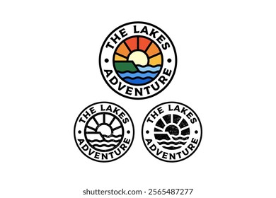ocean with coast and sunset circle badge vector illustration template graphic design collection with colorful, filled and line art style for adventure and outdoors merchandise and other uses.