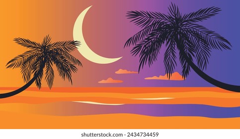 Ocean coast, sunset. Lo fi aesthetic wallpaper. Marine vector landscape. Lofi background, chill vibes